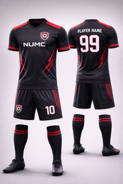 Custom Black & Red Football Kit – Personalized Soccer Jersey & Shorts Set | Team Uniform with Name & Numbe